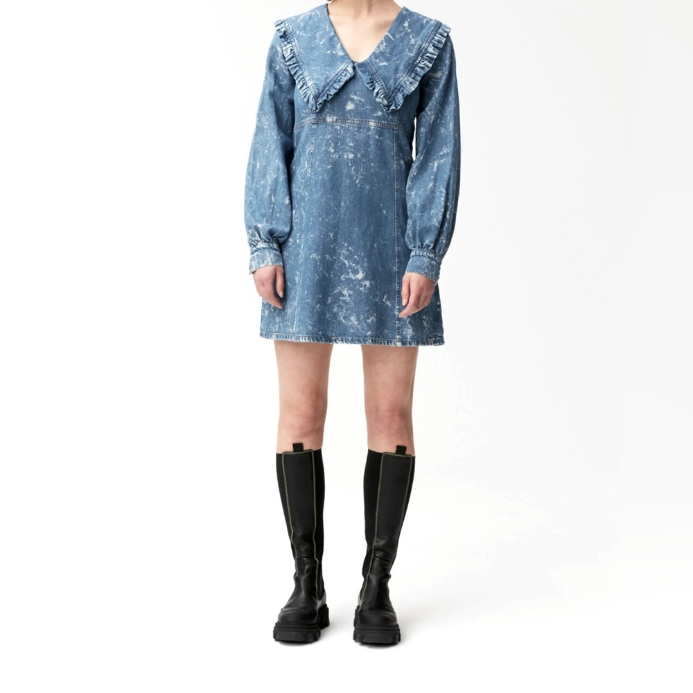 GANNI Light Bleach Denim V-neck Ruffle Collar Dress Size S or 36